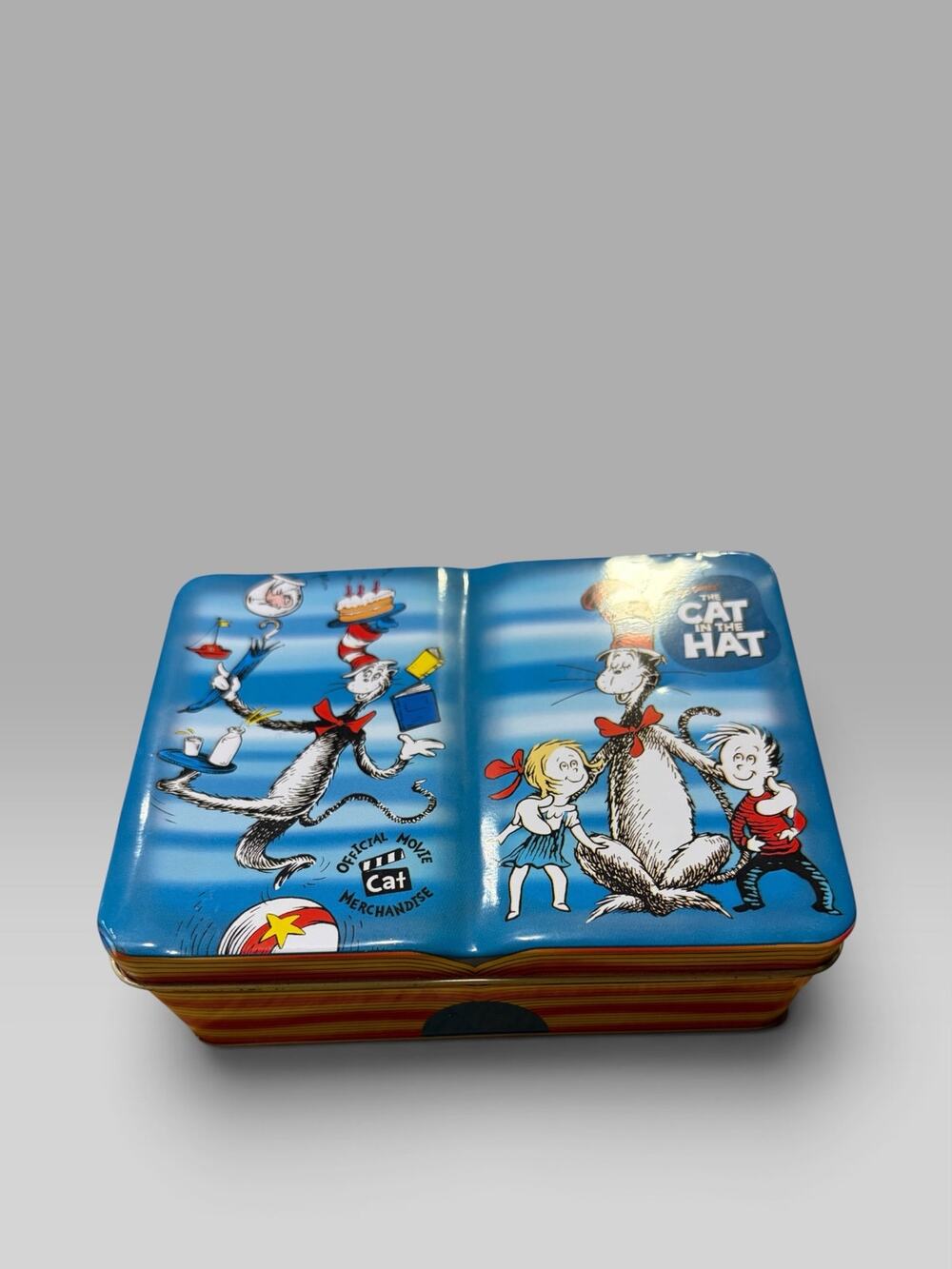 Vtg 2003 Dr Seuss Cat in the Hat Book Shape Metal Tin Container Giftco Movie